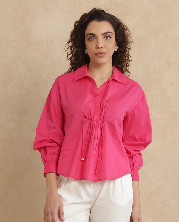 Rareism Women Somhur-T Pink Cotton Fabric Bishop Sleeve Collared Neck Button Closure Relaxed Fit Plain Top