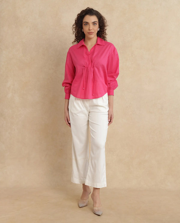 Rareism Women Somhur-T Pink Cotton Fabric Bishop Sleeve Collared Neck Button Closure Relaxed Fit Plain Top