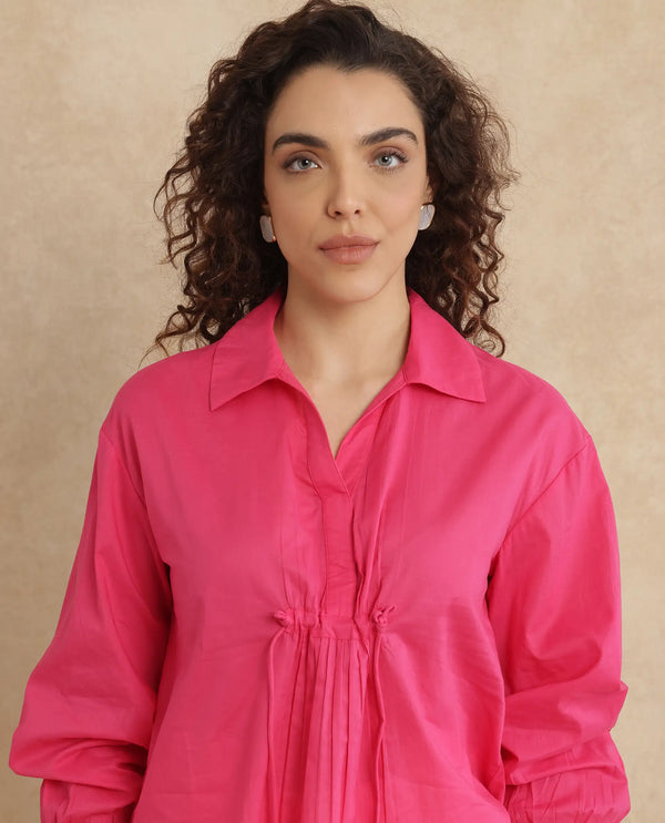 Rareism Women Somhur-T Pink Cotton Fabric Bishop Sleeve Collared Neck Button Closure Relaxed Fit Plain Top