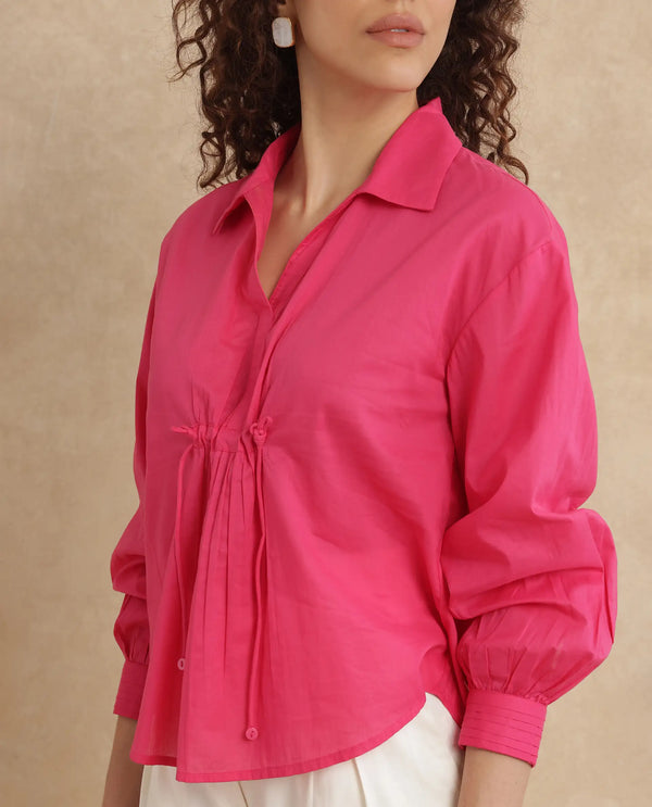 Rareism Women Somhur-T Pink Cotton Fabric Bishop Sleeve Collared Neck Button Closure Relaxed Fit Plain Top
