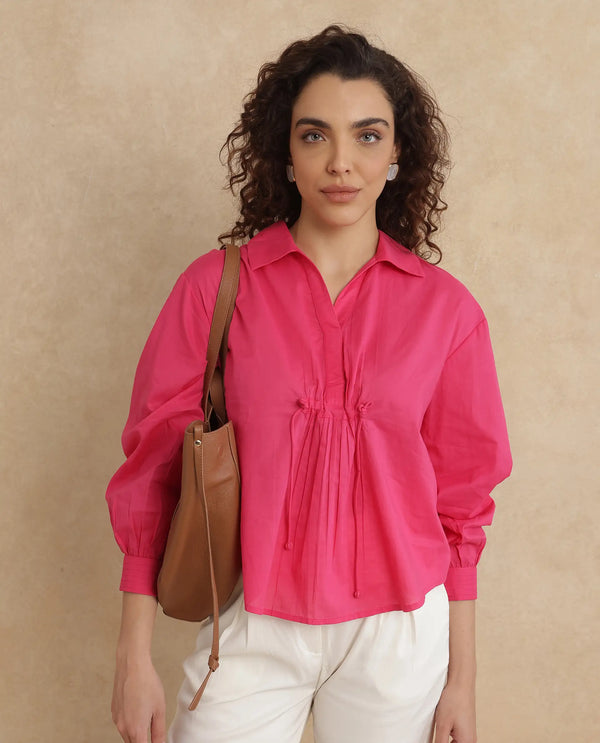 Rareism Women Somhur-T Pink Cotton Fabric Bishop Sleeve Collared Neck Button Closure Relaxed Fit Plain Top