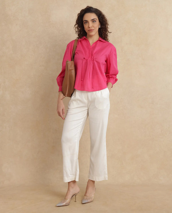Rareism Women Somhur-T Pink Cotton Fabric Bishop Sleeve Collared Neck Button Closure Relaxed Fit Plain Top