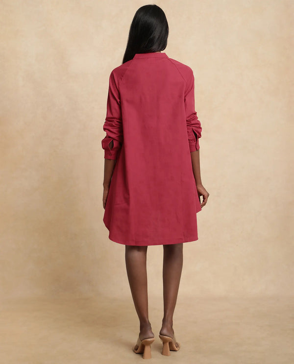 Rareism Women Somigi Red Cotton Fabric Raglan Sleeve Band Collar Button Closure A-Line Mini Plain Dress