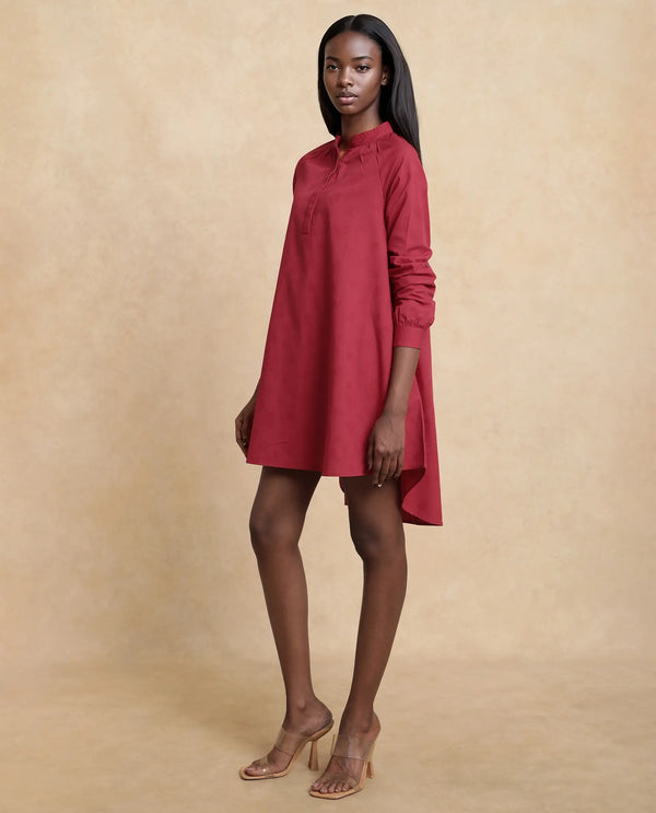 Rareism Women Somigi Red Cotton Fabric Raglan Sleeve Band Collar Button Closure A-Line Mini Plain Dress