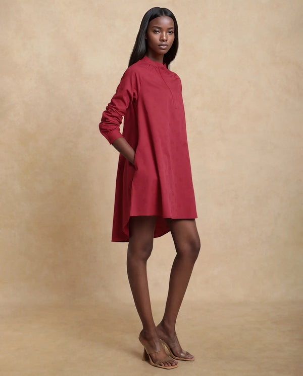 Rareism Women Somigi Red Cotton Fabric Raglan Sleeve Band Collar Button Closure A-Line Mini Plain Dress