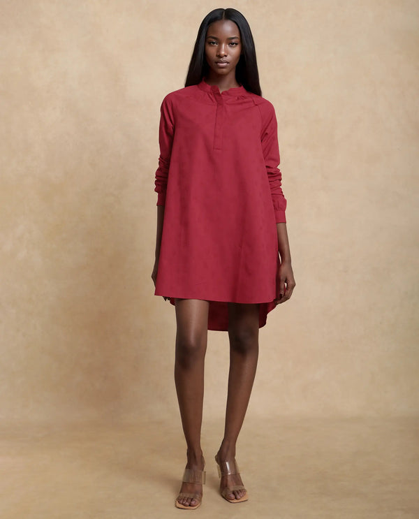 Rareism Women Somigi Red Cotton Fabric Raglan Sleeve Band Collar Button Closure A-Line Mini Plain Dress