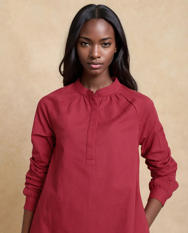 Rareism Women Somigi Red Cotton Fabric Raglan Sleeve Band Collar Button Closure A-Line Mini Plain Dress