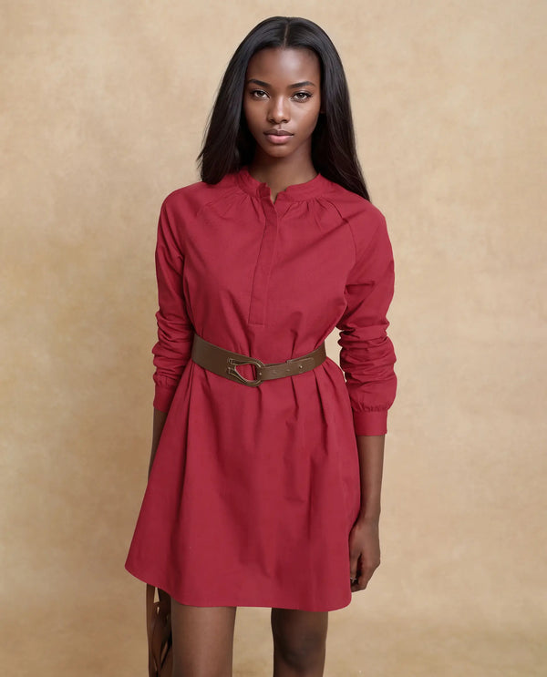 Rareism Women Somigi Red Cotton Fabric Raglan Sleeve Band Collar Button Closure A-Line Mini Plain Dress