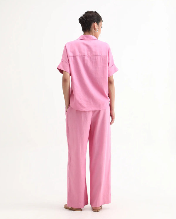 Rareism Women Somkar-B Pink Viscose Linen Fabric Tie-Up Closure Straight Fit Ankle Length Plain Trouser