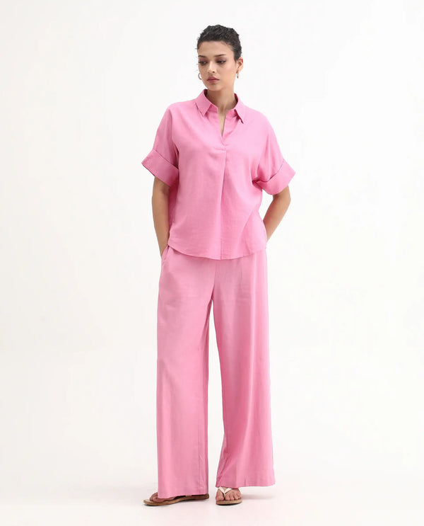 Rareism Women Somkar-B Pink Viscose Linen Fabric Tie-Up Closure Straight Fit Ankle Length Plain Trouser