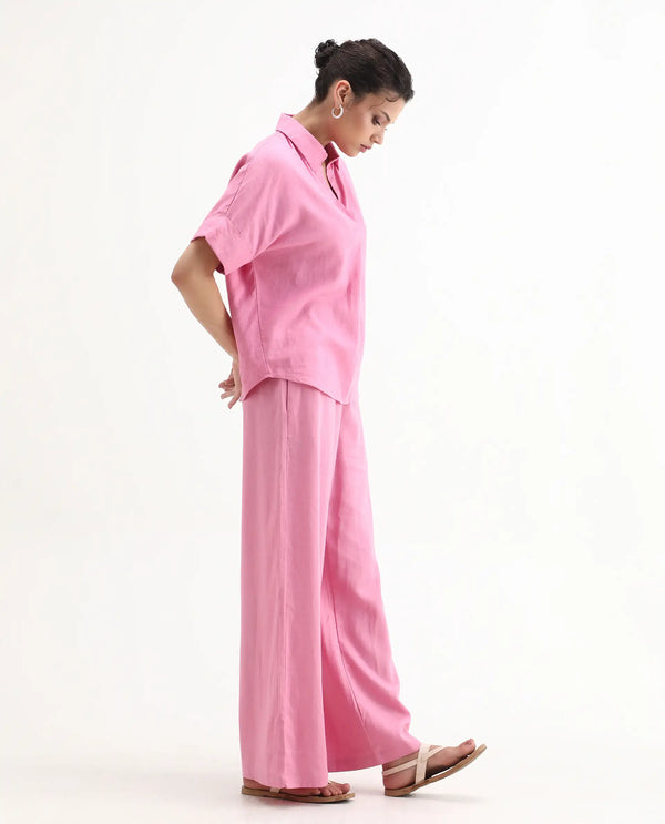 Rareism Women Somkar-B Pink Viscose Linen Fabric Tie-Up Closure Straight Fit Ankle Length Plain Trouser