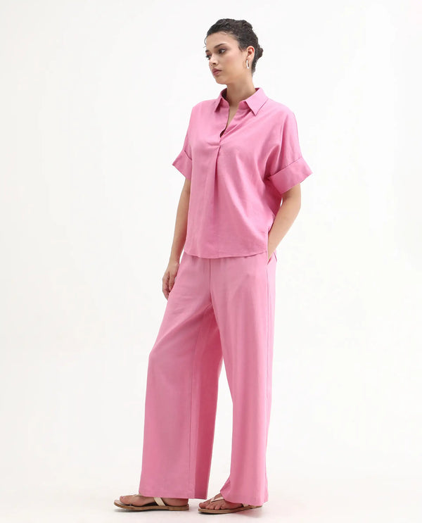 Rareism Women Somkar-B Pink Viscose Linen Fabric Tie-Up Closure Straight Fit Ankle Length Plain Trouser