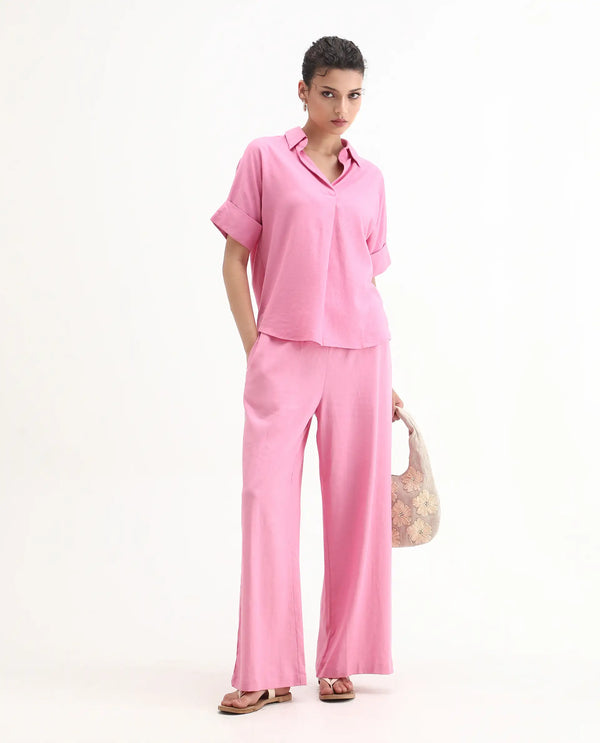 Rareism Women Somkar-B Pink Viscose Linen Fabric Tie-Up Closure Straight Fit Ankle Length Plain Trouser
