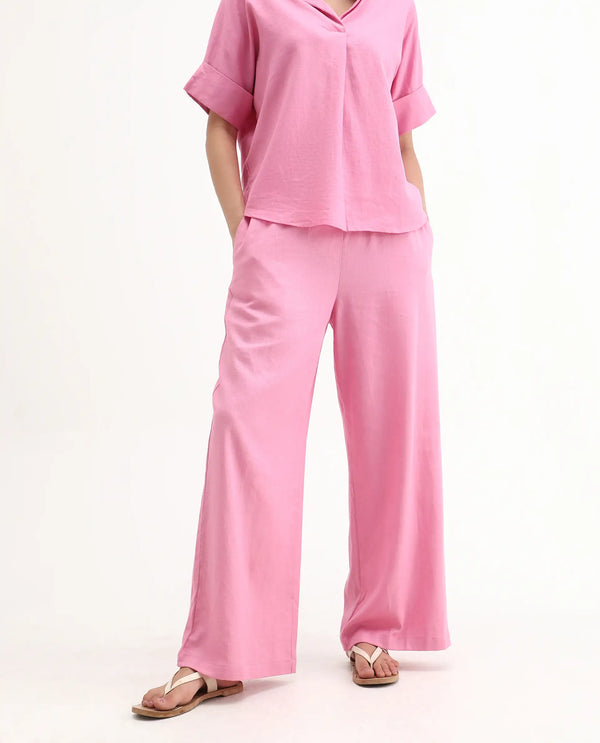 Rareism Women Somkar-B Pink Viscose Linen Fabric Tie-Up Closure Straight Fit Ankle Length Plain Trouser
