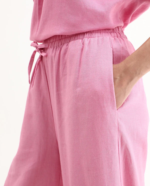 Rareism Women Somkar-B Pink Viscose Linen Fabric Tie-Up Closure Straight Fit Ankle Length Plain Trouser