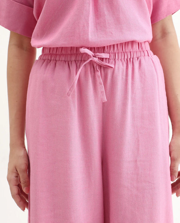 Rareism Women Somkar-B Pink Viscose Linen Fabric Tie-Up Closure Straight Fit Ankle Length Plain Trouser