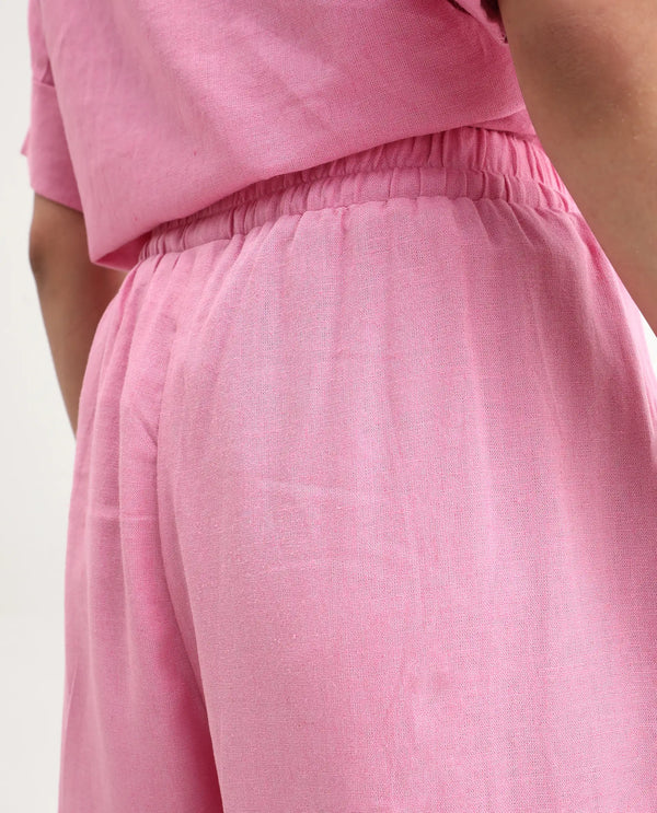 Rareism Women Somkar-B Pink Viscose Linen Fabric Tie-Up Closure Straight Fit Ankle Length Plain Trouser
