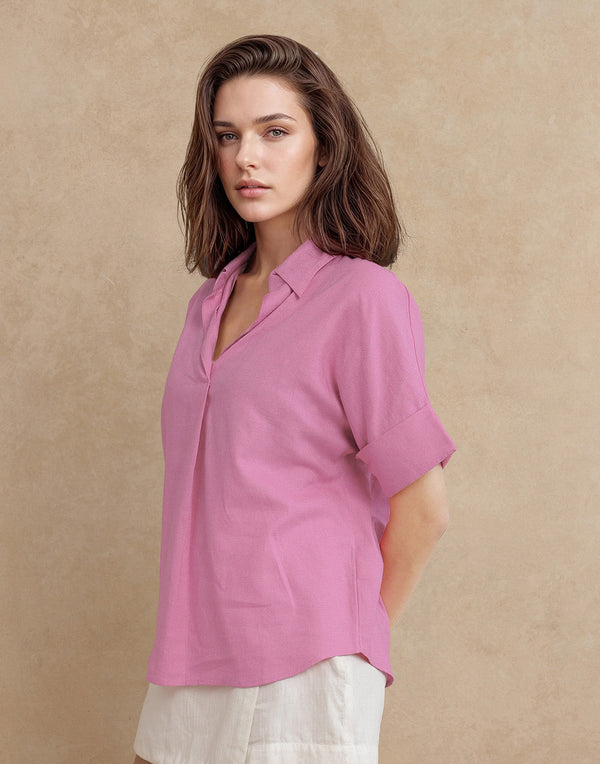 Rareism Women Somkar-T Pink Viscose Linen Fabric Extended Sleeve Johnny Collar Relaxed Fit Plain Top