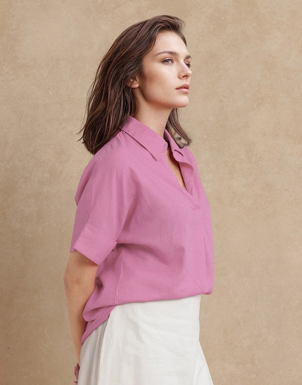 Rareism Women Somkar-T Pink Viscose Linen Fabric Extended Sleeve Johnny Collar Relaxed Fit Plain Top