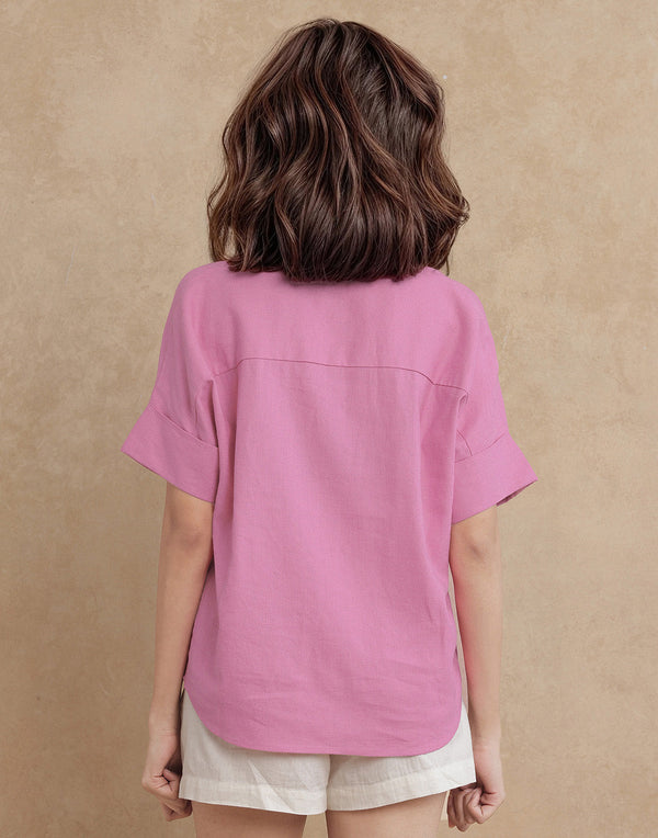 Rareism Women Somkar-T Pink Viscose Linen Fabric Extended Sleeve Johnny Collar Relaxed Fit Plain Top