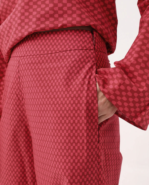 Rareism Women Somkyu-B Red Cotton Fabric Zipper Closure Wide Fit Ankle Length Geometric Print Trouser