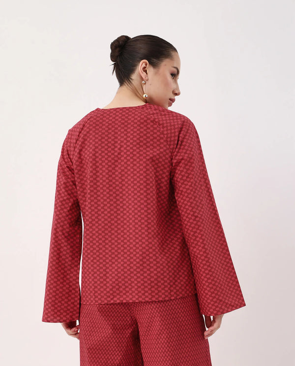 Rareism Women Somkyu-T Red Cotton Fabric Raglan Sleeve Round Neck Button Closure Geometric Print Top