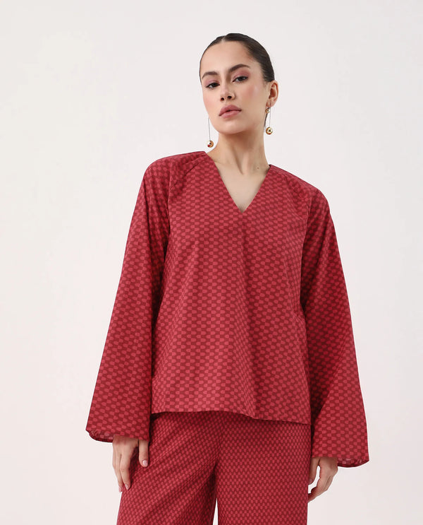 Rareism Women Somkyu-T Red Cotton Fabric Raglan Sleeve Round Neck Button Closure Geometric Print Top