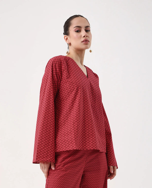 Rareism Women Somkyu-T Red Cotton Fabric Raglan Sleeve Round Neck Button Closure Geometric Print Top