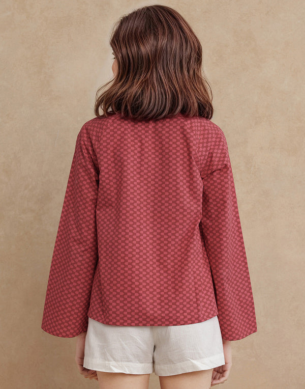 Rareism Women Somkyu-T Red Cotton Fabric Raglan Sleeve Round Neck Button Closure Geometric Print Top