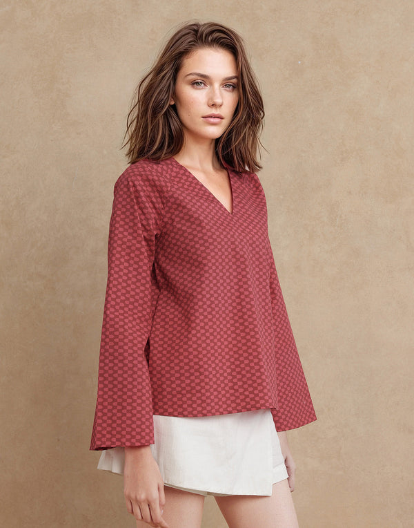 Rareism Women Somkyu-T Red Cotton Fabric Raglan Sleeve Round Neck Button Closure Geometric Print Top