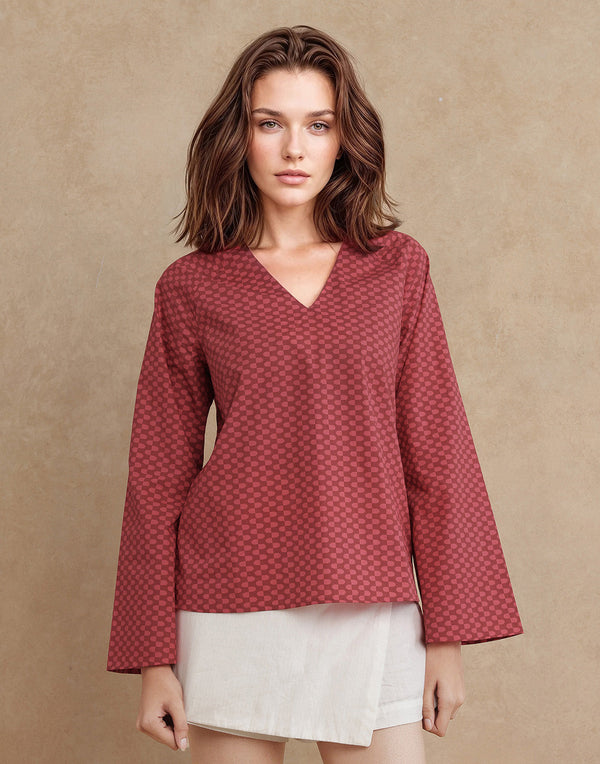 Rareism Women Somkyu-T Red Cotton Fabric Raglan Sleeve Round Neck Button Closure Geometric Print Top