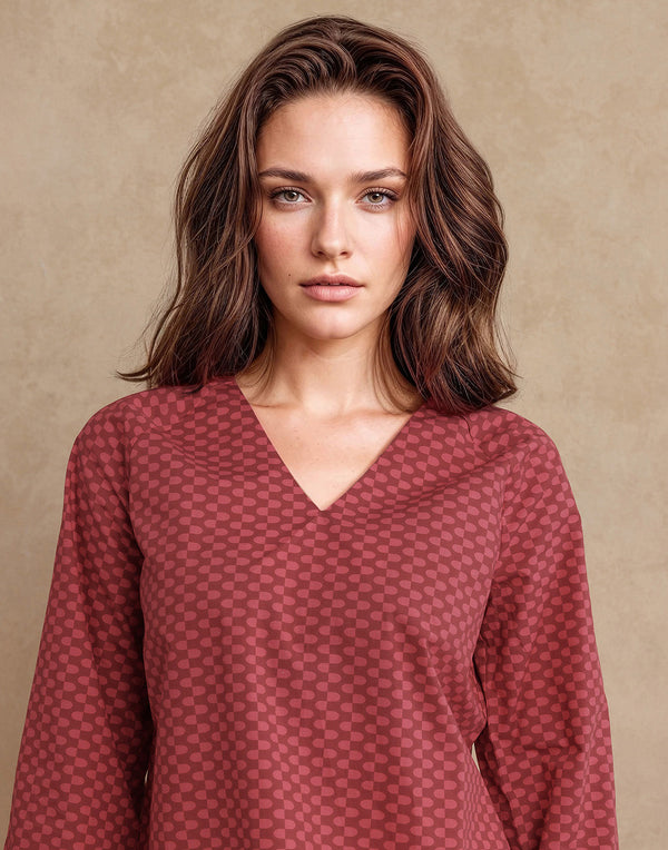 Rareism Women Somkyu-T Red Cotton Fabric Raglan Sleeve Round Neck Button Closure Geometric Print Top