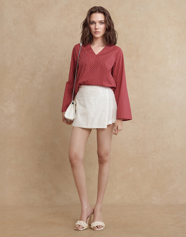 Rareism Women Somkyu-T Red Cotton Fabric Raglan Sleeve Round Neck Button Closure Geometric Print Top