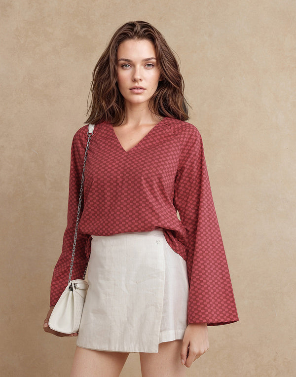 Rareism Women Somkyu-T Red Cotton Fabric Raglan Sleeve Round Neck Button Closure Geometric Print Top