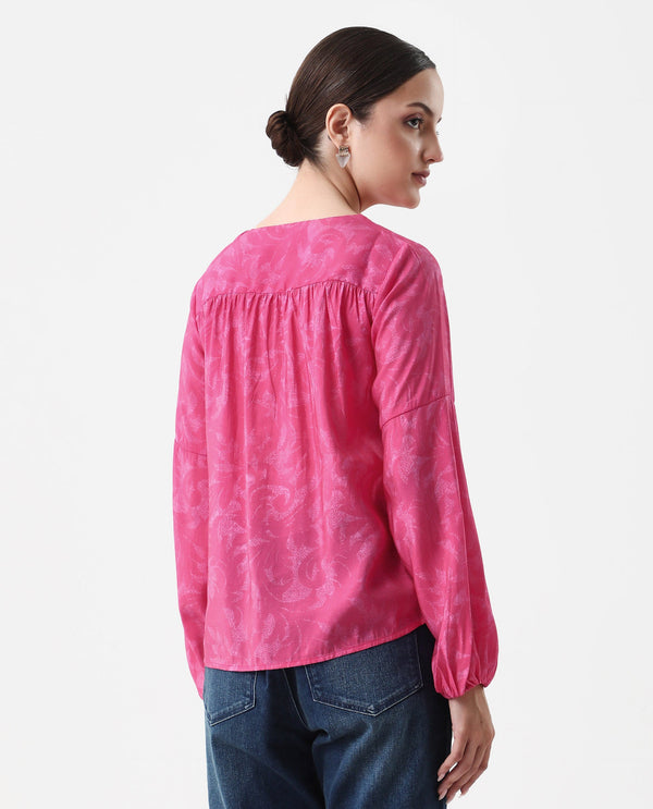 Rareism Women Somlin Flouroscent Pink Viscose Nylon Fabric Lantern Sleeve Tie-Up Neck Tie-Up Closure Abstract Print Top