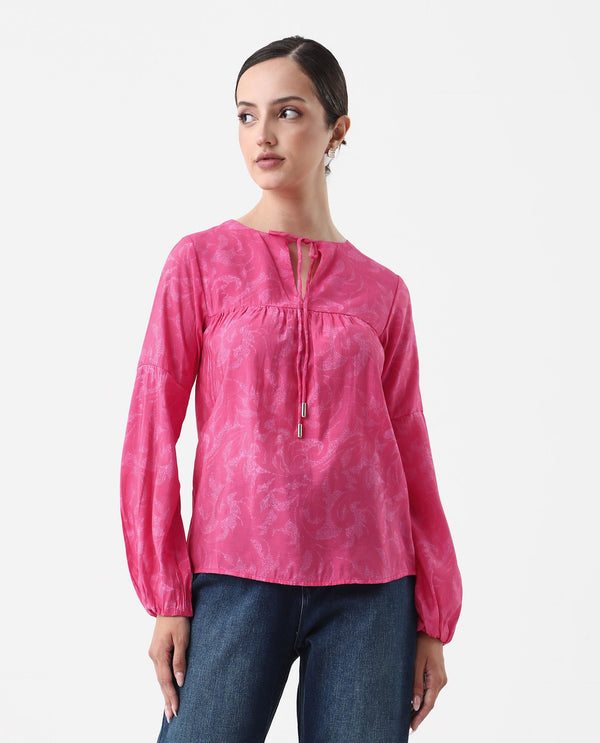 Rareism Women Somlin Flouroscent Pink Viscose Nylon Fabric Lantern Sleeve Tie-Up Neck Tie-Up Closure Abstract Print Top