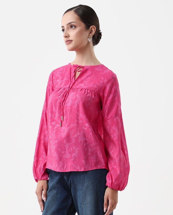 Rareism Women Somlin Flouroscent Pink Viscose Nylon Fabric Lantern Sleeve Tie-Up Neck Tie-Up Closure Abstract Print Top