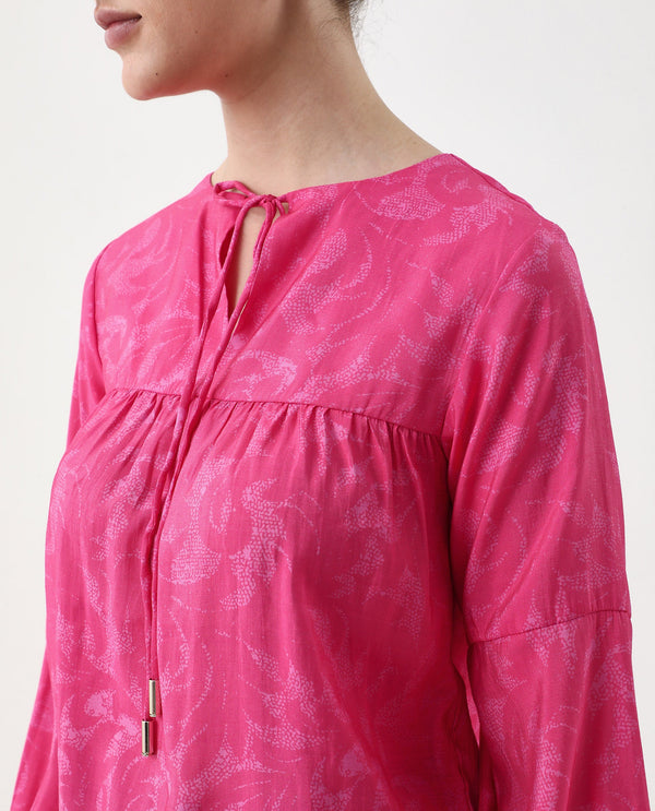 Rareism Women Somlin Flouroscent Pink Viscose Nylon Fabric Lantern Sleeve Tie-Up Neck Tie-Up Closure Abstract Print Top