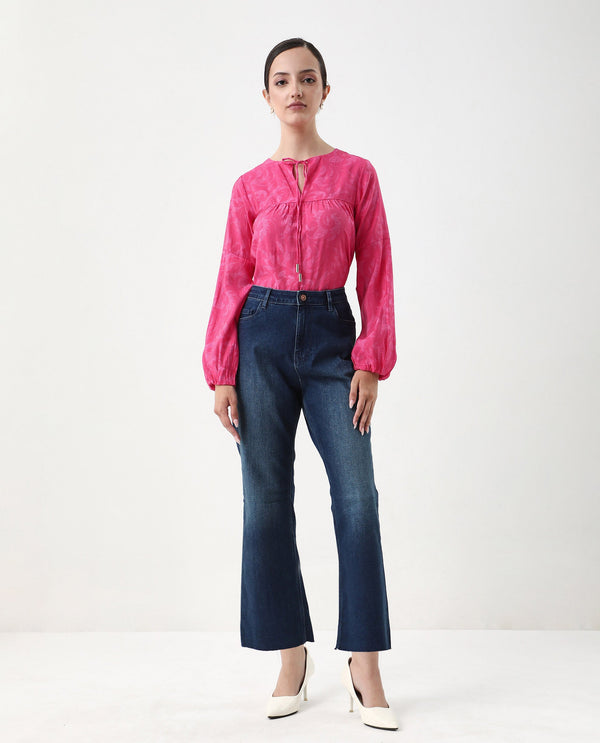 Rareism Women Somlin Flouroscent Pink Viscose Nylon Fabric Lantern Sleeve Tie-Up Neck Tie-Up Closure Abstract Print Top