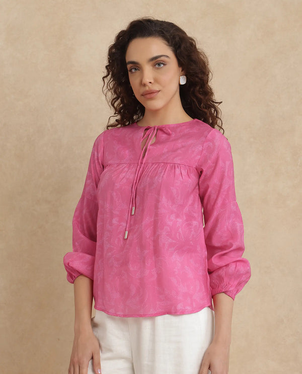Rareism Women Somlin Flouroscent Pink Viscose Nylon Fabric Lantern Sleeve Tie-Up Neck Tie-Up Closure Abstract Print Top