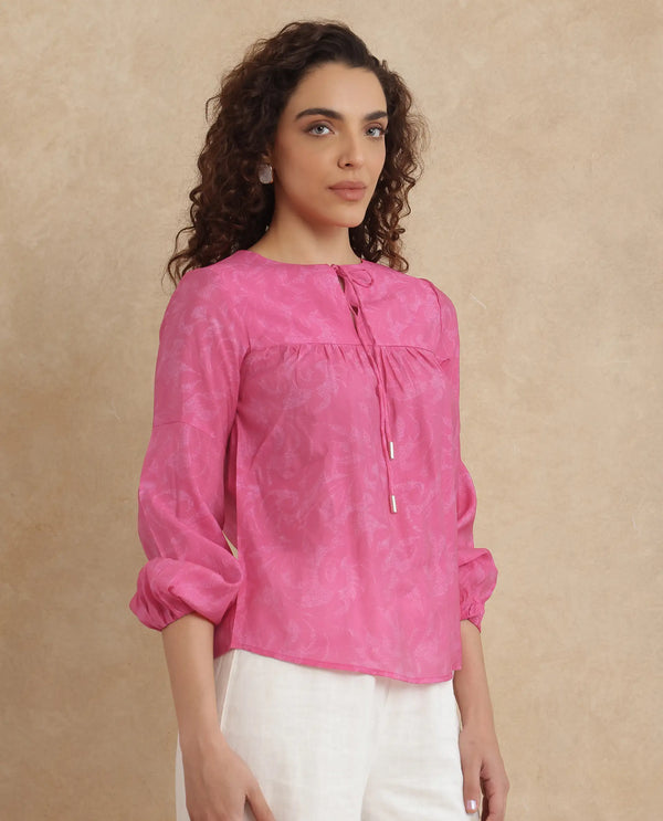 Rareism Women Somlin Flouroscent Pink Viscose Nylon Fabric Lantern Sleeve Tie-Up Neck Tie-Up Closure Abstract Print Top