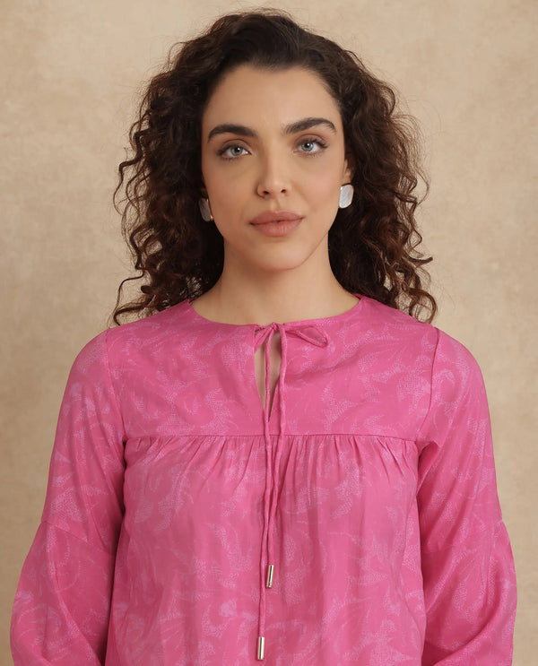 Rareism Women Somlin Flouroscent Pink Viscose Nylon Fabric Lantern Sleeve Tie-Up Neck Tie-Up Closure Abstract Print Top