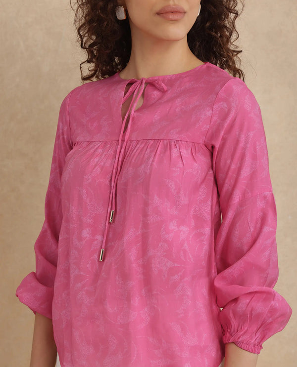 Rareism Women Somlin Flouroscent Pink Viscose Nylon Fabric Lantern Sleeve Tie-Up Neck Tie-Up Closure Abstract Print Top