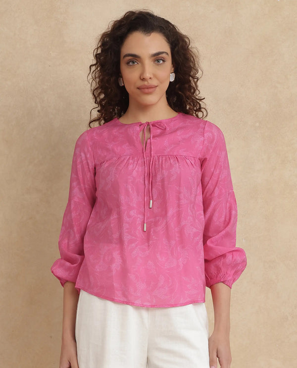 Rareism Women Somlin Flouroscent Pink Viscose Nylon Fabric Lantern Sleeve Tie-Up Neck Tie-Up Closure Abstract Print Top