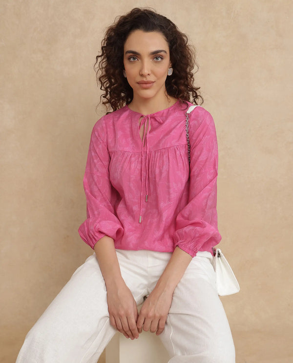 Rareism Women Somlin Flouroscent Pink Viscose Nylon Fabric Lantern Sleeve Tie-Up Neck Tie-Up Closure Abstract Print Top