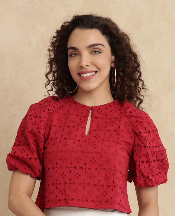 Rareism Women Somli Dark Red Cotton Fabric Balloon Sleeve Round Neck Button Closure Cropped Schiffli Top