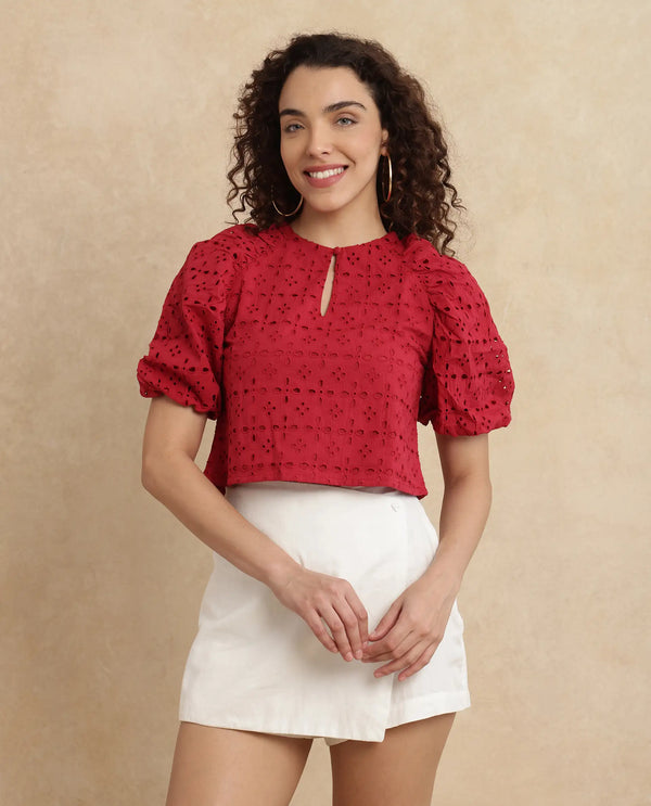 Rareism Women Somli Dark Red Cotton Fabric Balloon Sleeve Round Neck Button Closure Cropped Schiffli Top