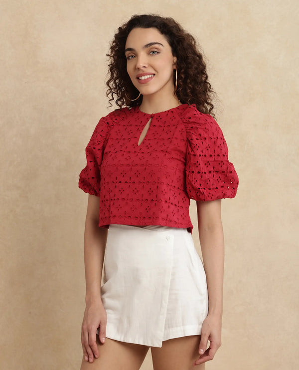 Rareism Women Somli Dark Red Cotton Fabric Balloon Sleeve Round Neck Button Closure Cropped Schiffli Top