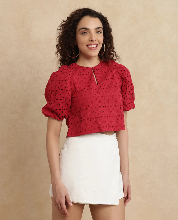 Rareism Women Somli Dark Red Cotton Fabric Balloon Sleeve Round Neck Button Closure Cropped Schiffli Top