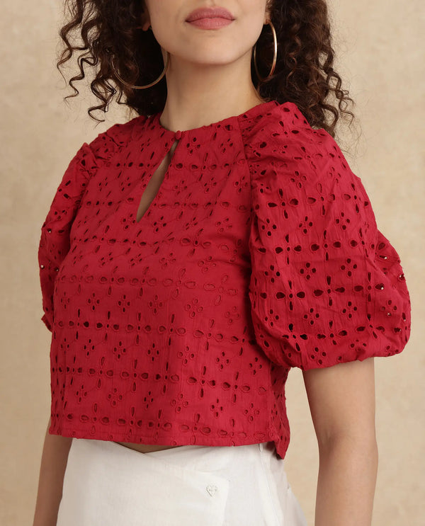 Rareism Women Somli Dark Red Cotton Fabric Balloon Sleeve Round Neck Button Closure Cropped Schiffli Top